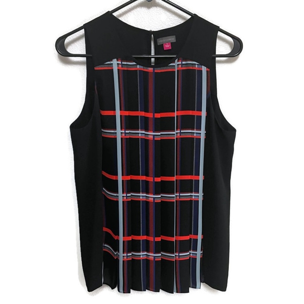 Vince Camuto Women's Black Sleeveless Plaid Print Pleated Tank Top Size Small